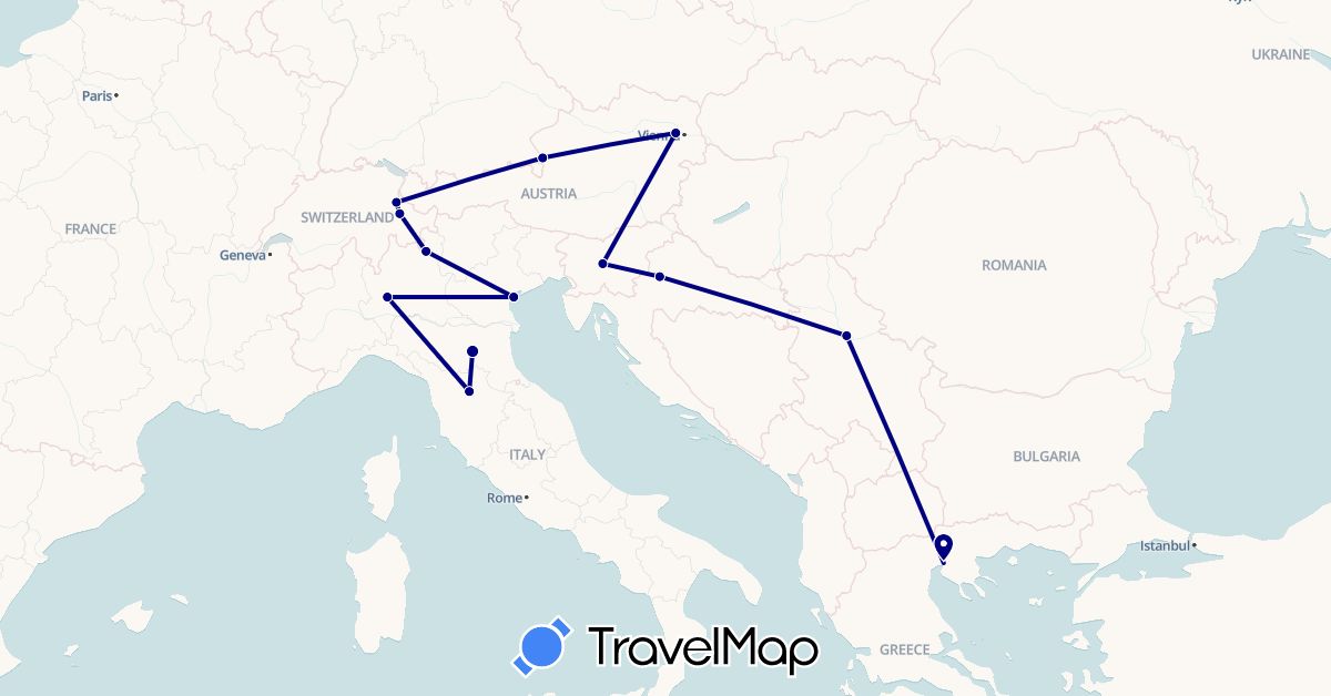 TravelMap itinerary: driving in Austria, Switzerland, Greece, Croatia, Italy, Serbia, Slovenia (Europe)